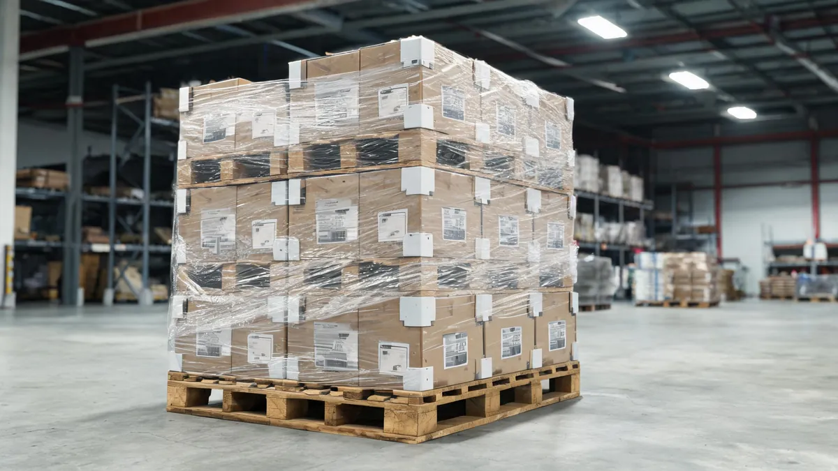 Palletized kitchenware cartons wrapped and ready for loading - illustrative